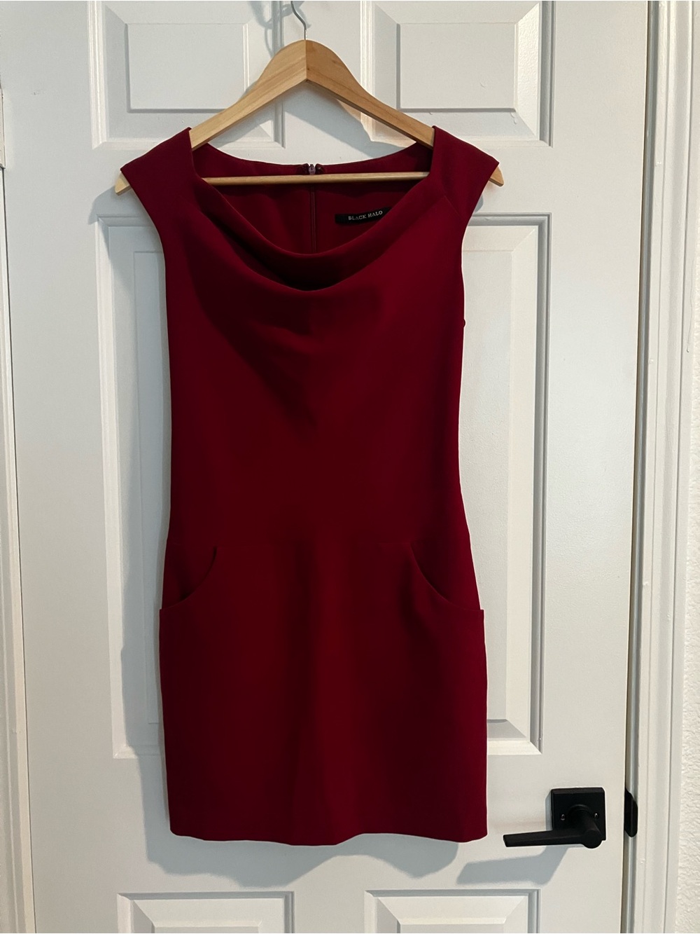Black Halo Wine Cowl Neck Mini Dress